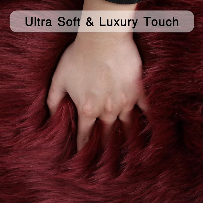 duduta Burgundy Sheepskin Throw Rug 2x3 ft, Fluffy Shag Faux Fur Seat Chair - Image 3