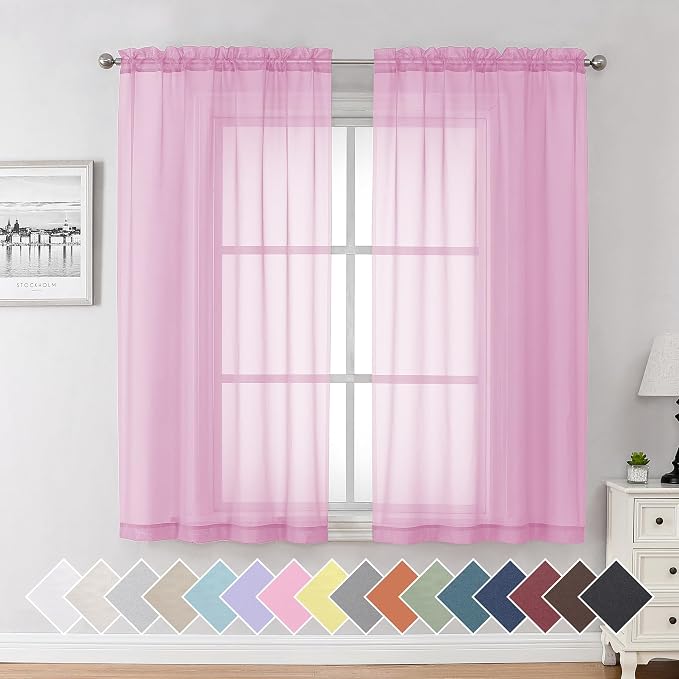 Aiyufeng Pink Sheer Curtains 54 inch Length Living Room Short Voile Drapes by Aiyufeng