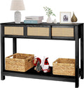 ZYBT Long Console Table, Rattan Entry Table, Console Tables for Entryway, Narrow Wood Console Table with Storage, Black Couch Table Hallway Table Boho Sofa Table for Living Room