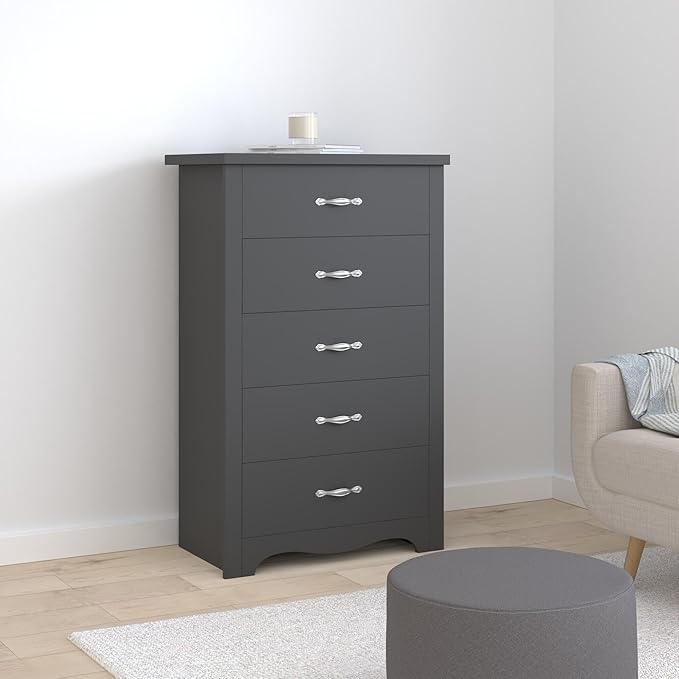 LINSY HOME 5 Drawer Dresser, Black Dresser for Bedroom, Modern Dresser Chest with Wide Drawers, Wood Storage Chest of Drawers for Nursery Kids Room Living Room