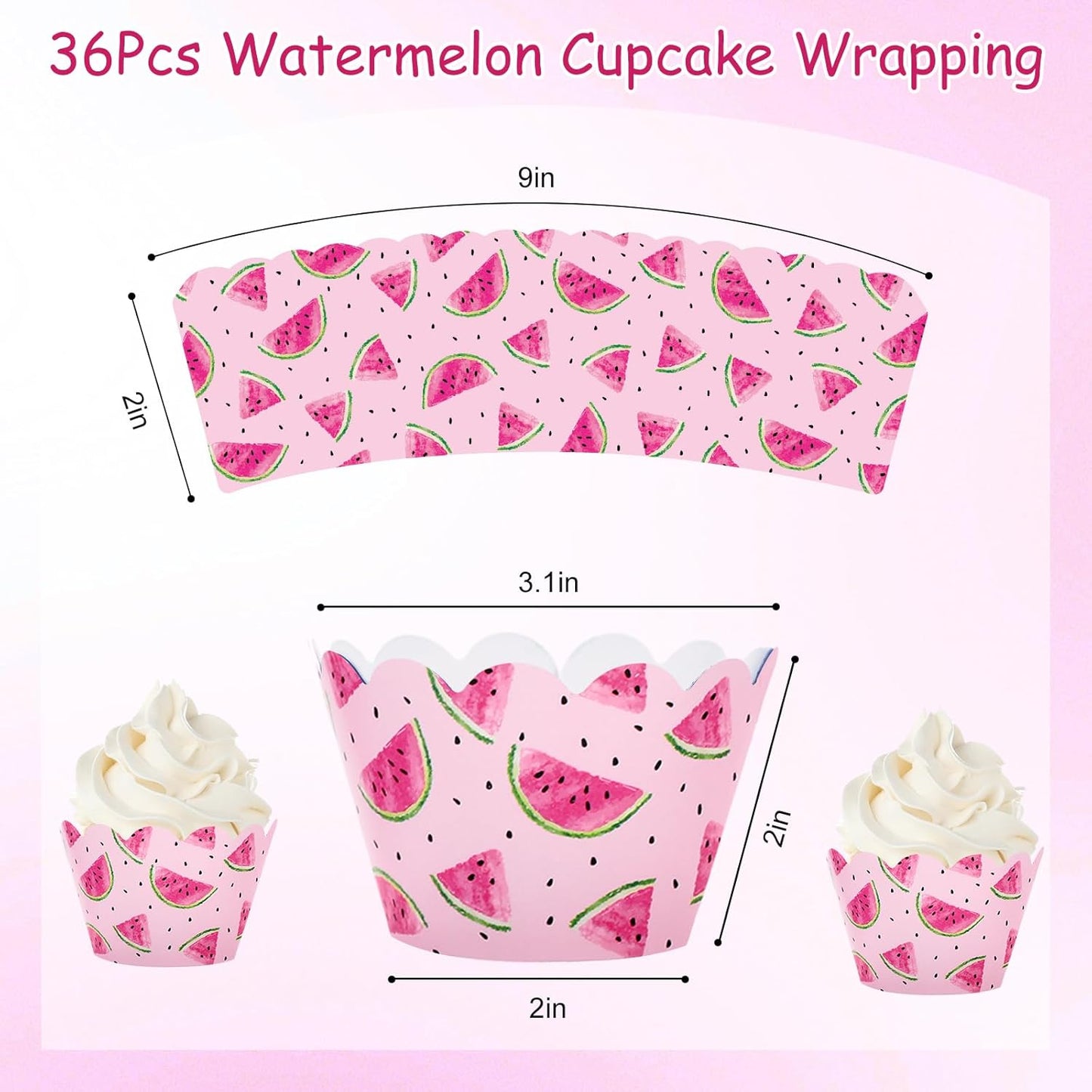 Whaline 36Pcs Watermelon Cupcake Wrappers Watercolor Pink Watermelon Cupcake Liners Decorative Cupcake Holders for Birthday Baby Shower Summer Dessert Decor