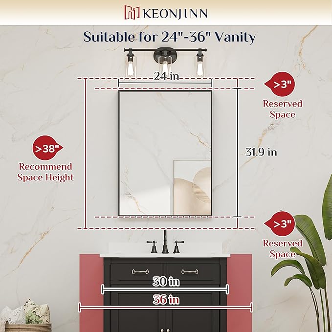 Keonjinn Black Mirror for Wall 24 x 32 Inch Rectangle Bathroom Vanity Mirror for Over Sink Metal Framed Farmhouse Mirror Square Corner Brushed Rectangular Mirror for Bathroom Sink(Horizontal/Vertical)