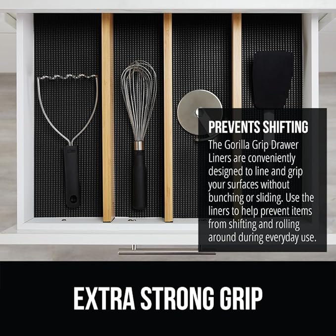 GORILLA GRIP powerGRIP Drawer Shelf and Cabinet Liner, Thick Strong Hold, Non-Adhesive Liners Protect Kitchen Cabinets and Cupboard, Bathroom Drawers, Easy Install, Breathable Mat, 24" x30', Black