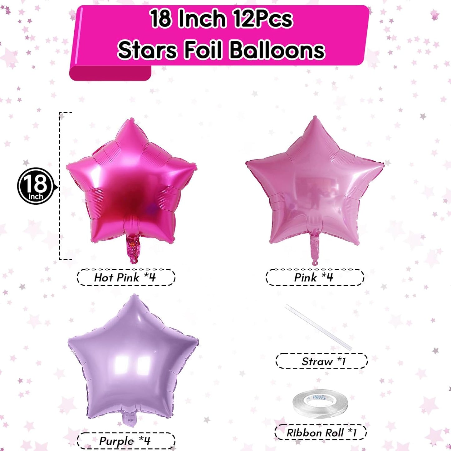 Purple Pink Star Foil Balloons Set, 18 Inch 12 Pcs Lavender Pink Pentagram Aluminum Foil Balloons Hot Pink Purple Stars Shape Mylar Helium Balloons for Girls Women Birthday Wedding Baby Shower