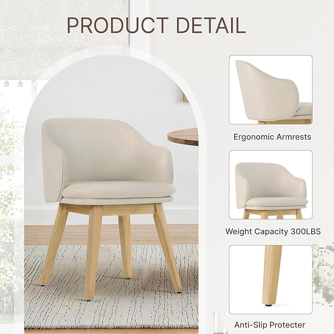Wooden Dining Chairs Set of 4, Faux Leather Upholstered Modern Dining Room Chairs with Barrel Backrest & Double-Layer Thick Cushion for Living Room, Restaurant, Kitchen and Café, Beige, 2 Boxs