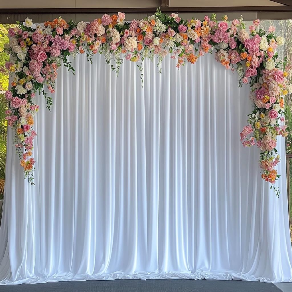 20 ft x 8 ft White Backdrop Curtain Drapes for Wedding Parties, 4 Panels 5 ft x 8 ft Wrinkle Free Polyester Photo Drapes for Birthday Party Baby Shower Backdrop Stand