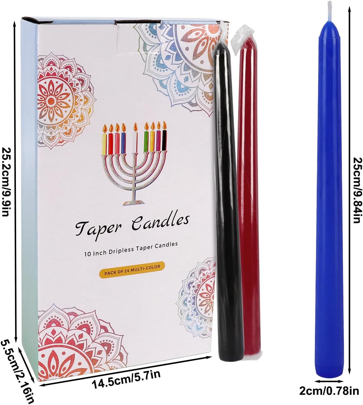 24 Colored Taper Candles, 7-8 Hours Burn Time, Unscented, Smokeless and Dripless, 0.75 x 10 Inch Dinner Candle Set for Household, Wedding, Party and Home Décor Candlesticks