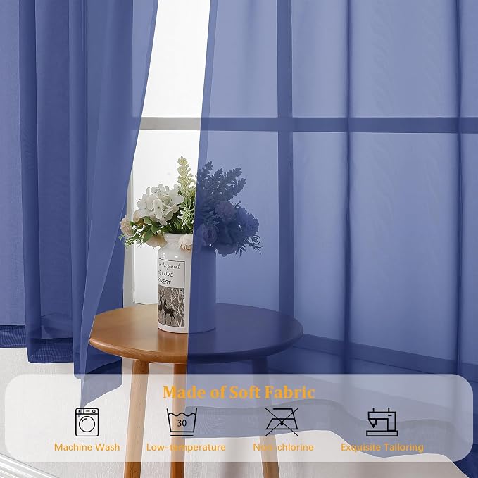 Gwine Royal Blue Sheer Curtains 90 Inches Long 2 Panels Set, Light Filtering - Image 7