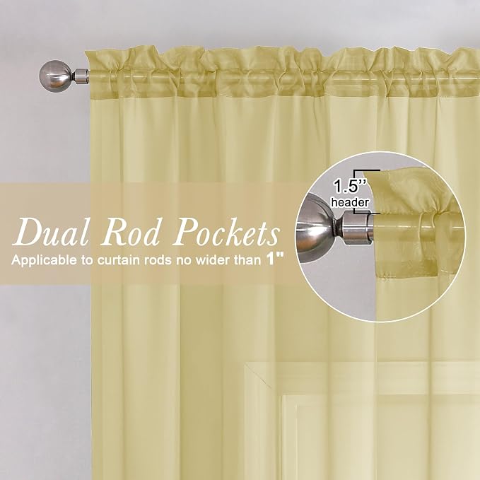 Lecloud Yellow Sheer Curtains 90 Inches Long 2 Panels, Gauzy Light Filtering - Image 2