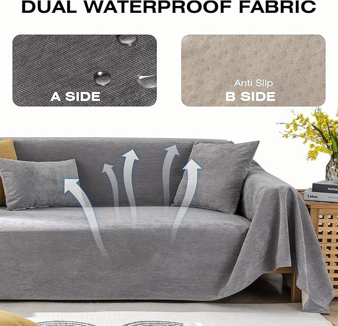 STACYPIK Waterproof Couch Cover for Sectional, Anti-Scratch Gray Sofa Cover for 3 Cushion Couch, L Shaped Sofa Cover Pet-Friendly, Loveseat Sofa Slipcover, Washable Furniture Protector Decor-71X150IN