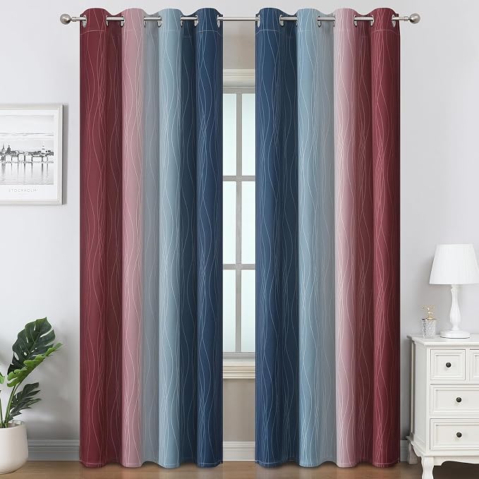 Estelar Textiler Navy Blue and Burgundy Red Ombre Blackout Curtains - Image 2