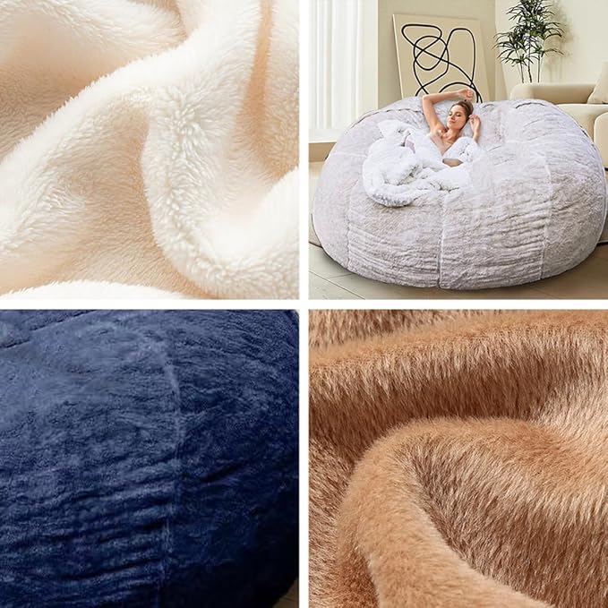 Bean Bag Chair Cover for Adults Kids Comfy Fluffy Oversized Round Beanbag Chair Lazy Sofa Cover for Reading Chair Floor Chair, 3.5FT, Khaki