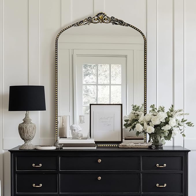 G-LEAF Vintage Baroque Mirror 24"X36", Victorian Antique Farmhouse Mantel Mirror with Black Brush Gold Ornate Metal Frame for Fireplace Entryway Living Room Hallway Bathroom