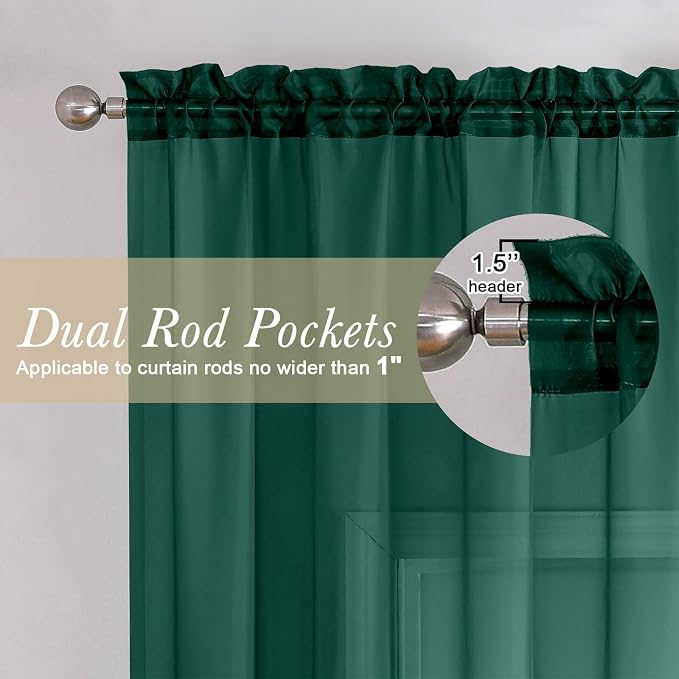 Lecloud Hunter Green Sheer Curtains 96 Inches Long 2 Panels, Airy Voile Solid - Image 5