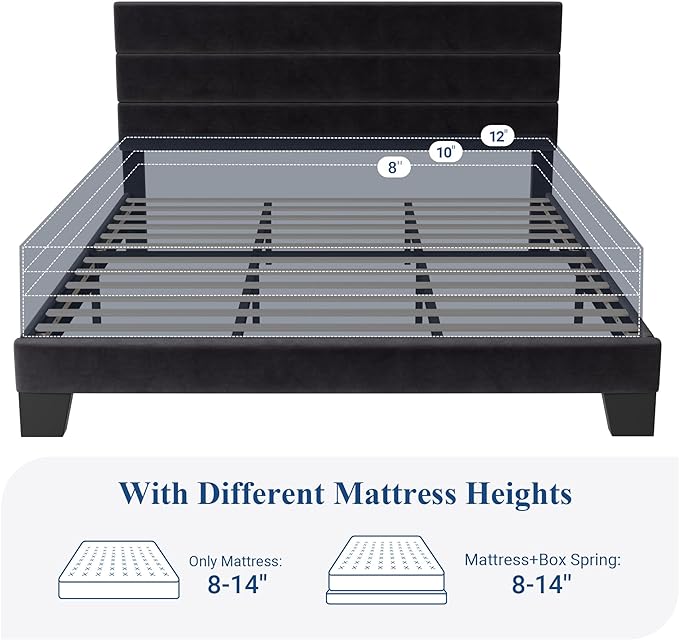 Allewie King Size Platform Bed Frame with Velvet Upholstered Headboard and Wooden Slats Support, Fully Upholstered Mattress Foundation/No Box Spring Needed/Easy Assembly, Black