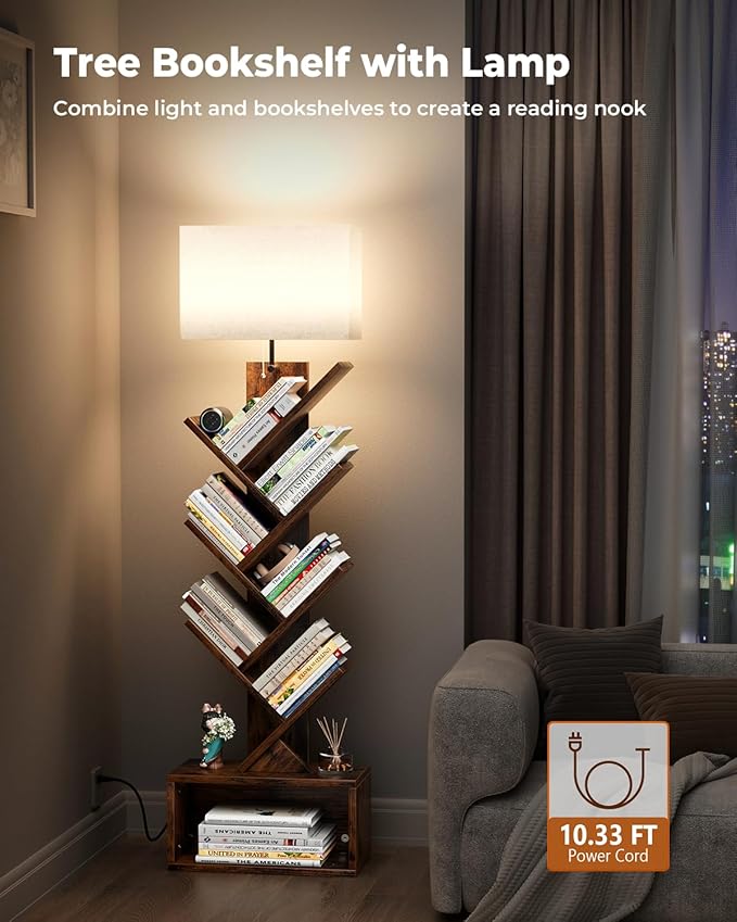 6 Tier Tree Bookshelf with Light, Narrow Bookcase Tower, Tall Floor Standing Book Organizer with Storage Cabinet for Living Room, Bedroom and Home Office, Rustic Brown