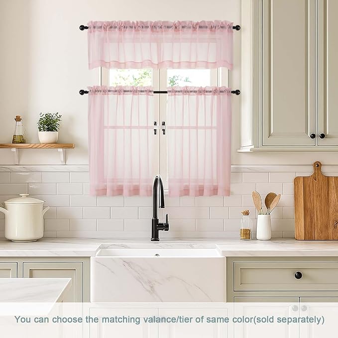Blush Pink Sheer Curtains Tier 30 Inches Length 2 Panels, Light Filtering - Image 2