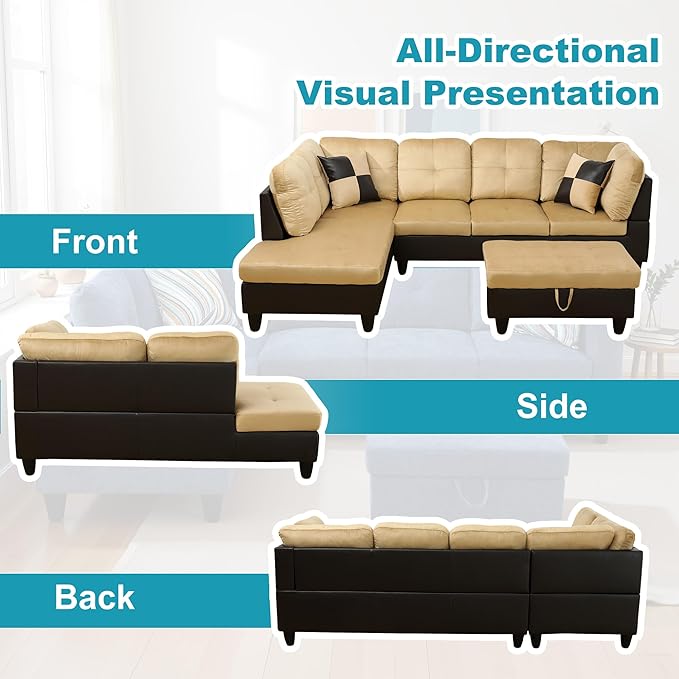 L Shaped Couch Modern Sectional Couch Upholstered Lint Fabric 3 Pieces Sofas for Living Room with Chaise, Storage Ottoman for Office and Small Apartment, Beige and Brown