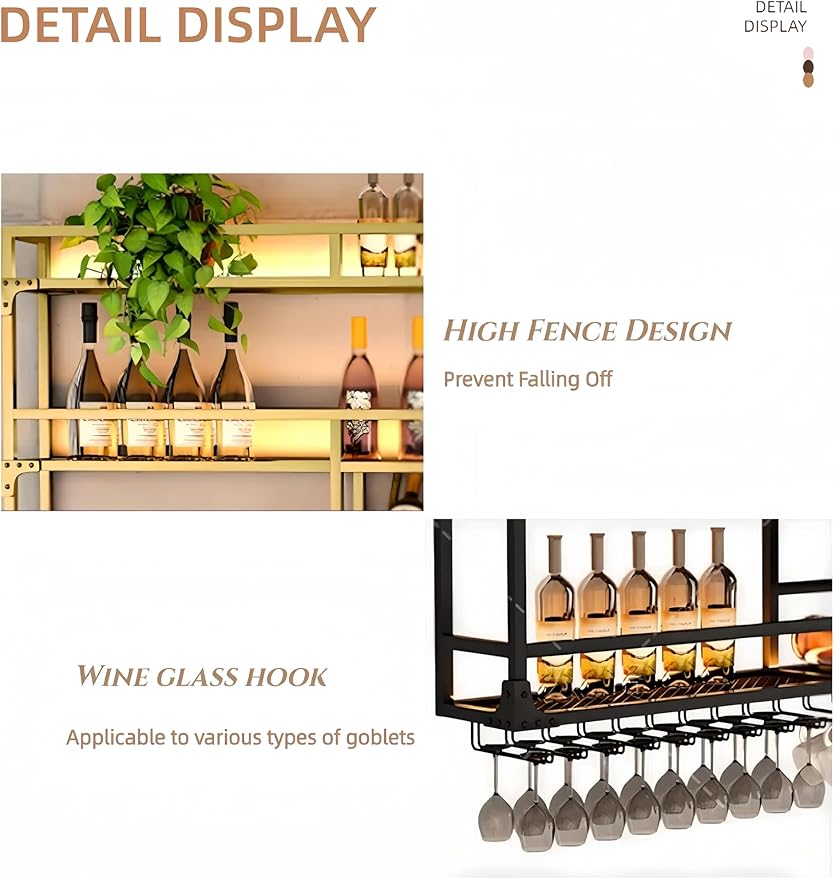 Metal Wall-Mounted Wine Rack with LED Light - 3 Tier Wine Storage Display Rack with Glass Holder - Space-Saving Bottle Display Shelf for Home Bars, Dining Rooms(Black, 39in/100cm)