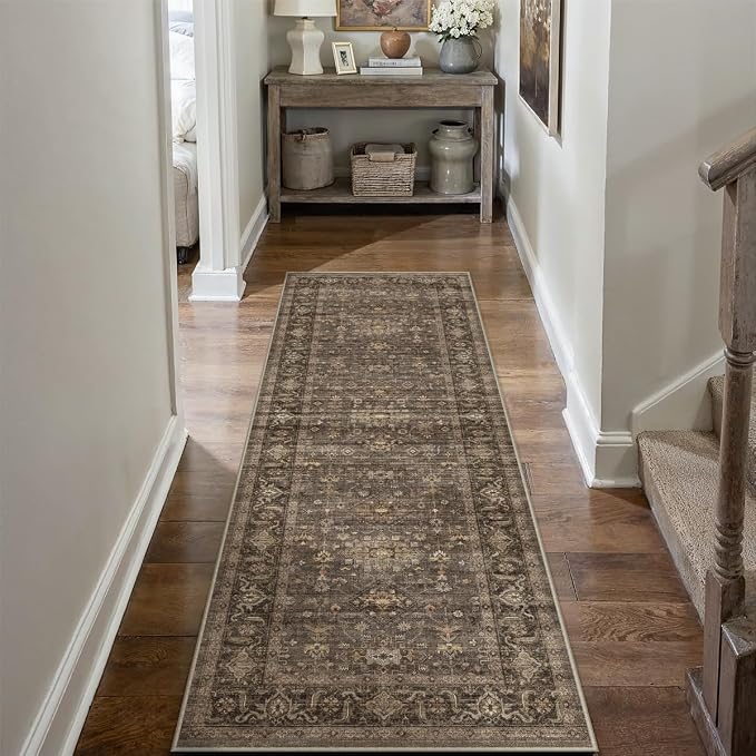 2x6 Washable Runner Rug for Hallway Kitchen Vintage Brown Non Slip Low Pile - Image 3