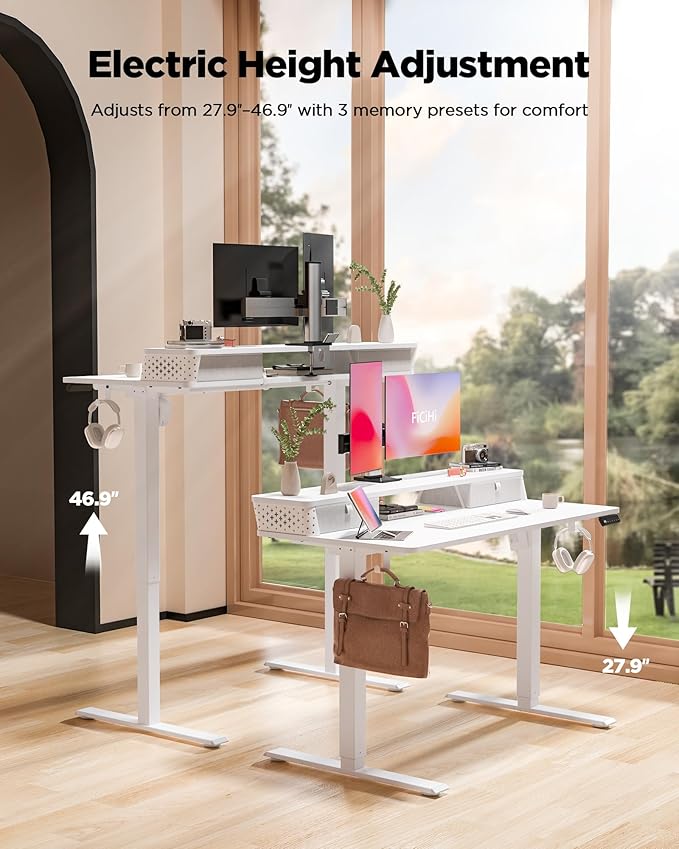 35x20 Inch Standing Desk with Double Drawers, C-Clamp Mount Compatible, Electric Adjustable Height Computer Stand Up Desks, Home Office Sit Stand Table with 3 Preset Heights & 2 Hooks, White