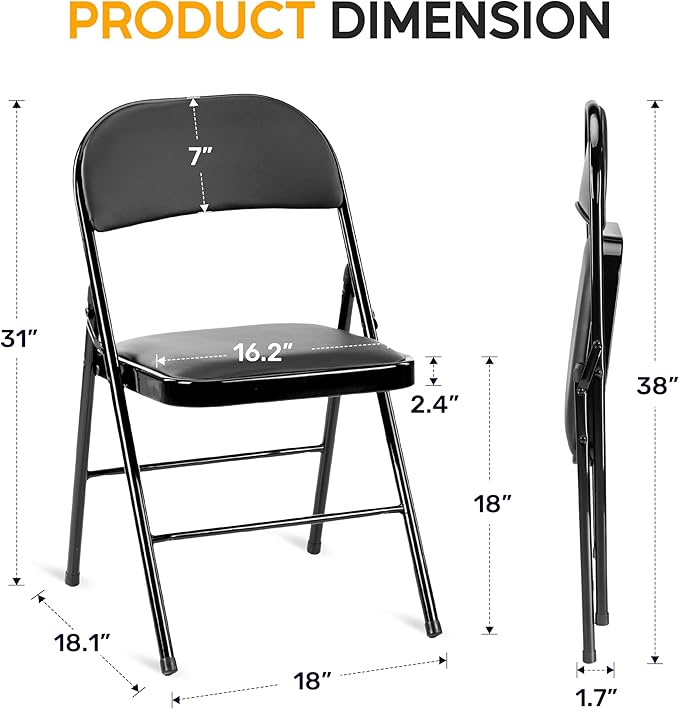 HealSmart Folding Chairs 4 Pcs with Leather Padded Cushion Seats, Back & Sturdy Metal Frame, Stackable, Portable, Commercial Event Seat, Indoor Outdoor for Parties, Home Event, Office, Black
