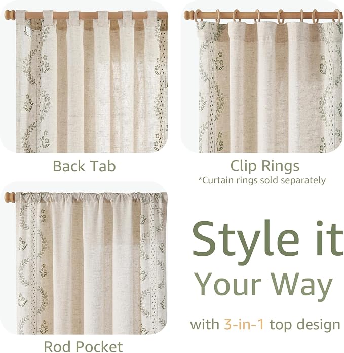 jinchan Belrose Linen Curtains for Bedroom Floral Curtains 63 Inch Length Sage - Image 4