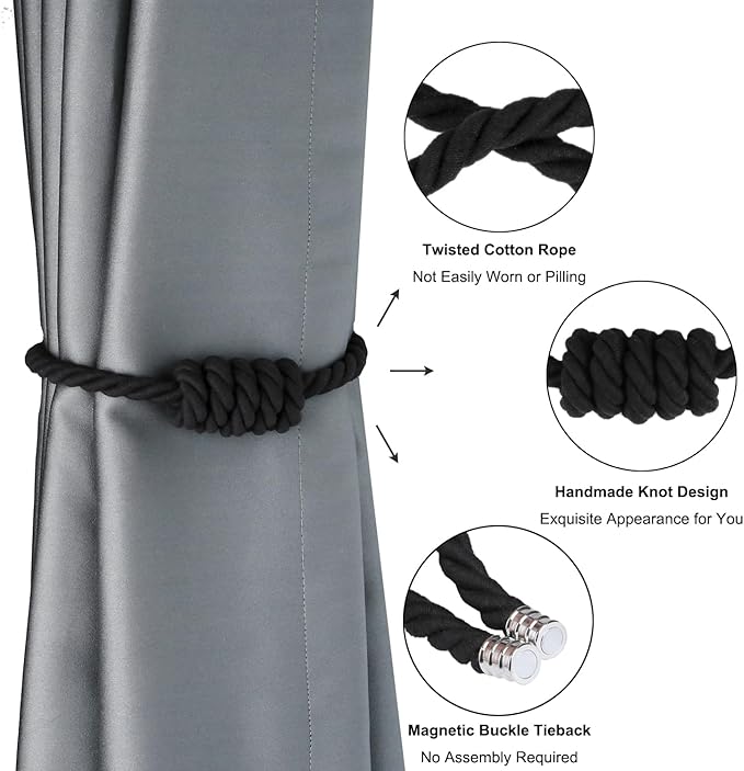 BEL AVENIR Magnetic Cotton Curtain Tiebacks, Decorative Drapery Holdbacks Modern Woven Tie-Backs with Exquisite Knot (Black Cotton, 4 Pack)