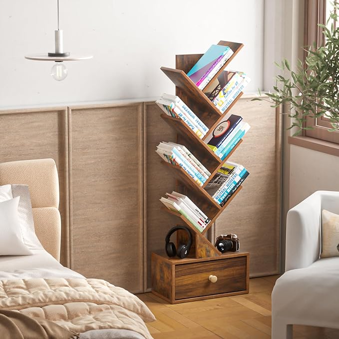 8 Tier Tree Bookshelf with Drawer, Free Standing Wood Bookcase for Narrow Space, Storage Organizer Bookshelves for Books, Book Case for Home Office, Living Room, Bedroom, Rustic Brown