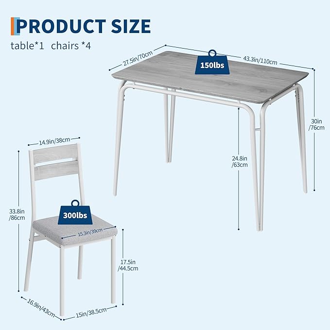 Dining Table for 4, Small Table and Chairs Set of 4, Square Dinette Set for 4, 5 Piece Kitchen & Dining Room Sets for Small Space (White, Table with 4 Upholstered Chairs)