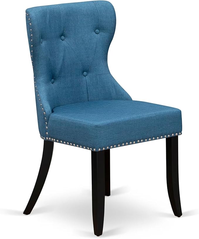 LESI9-SBB-21-9-Piece Dining Room Set Consists of a Modern Table and 8 Blue Linen Fabric Dining Room Chairs with Button Tufted Back - Sand Blasting Black Finish