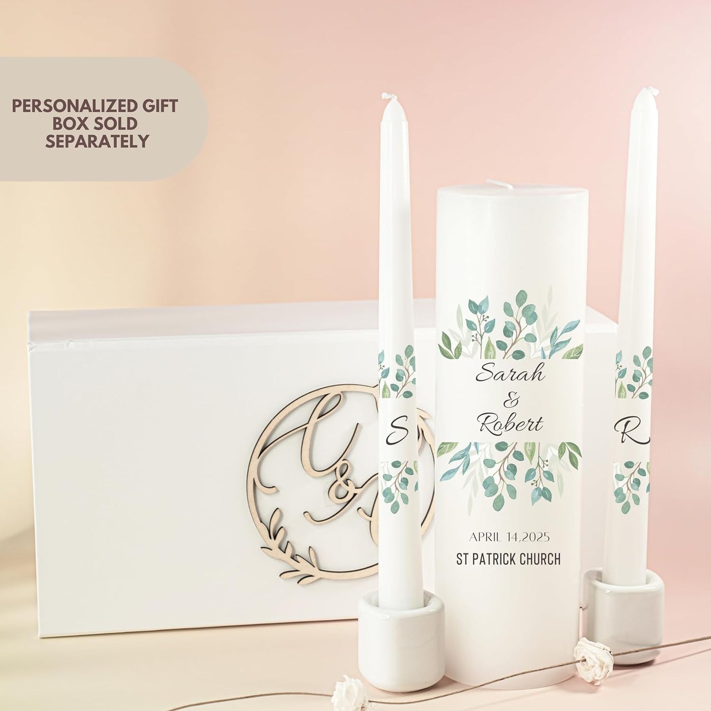 Unity Candles for Wedding, Modern Unity Set, Custom and Personalized Pillar and Taper Candles, Unscented White Premium Wax, Religious and Wedding Ceremony, Special Events (Olive)
