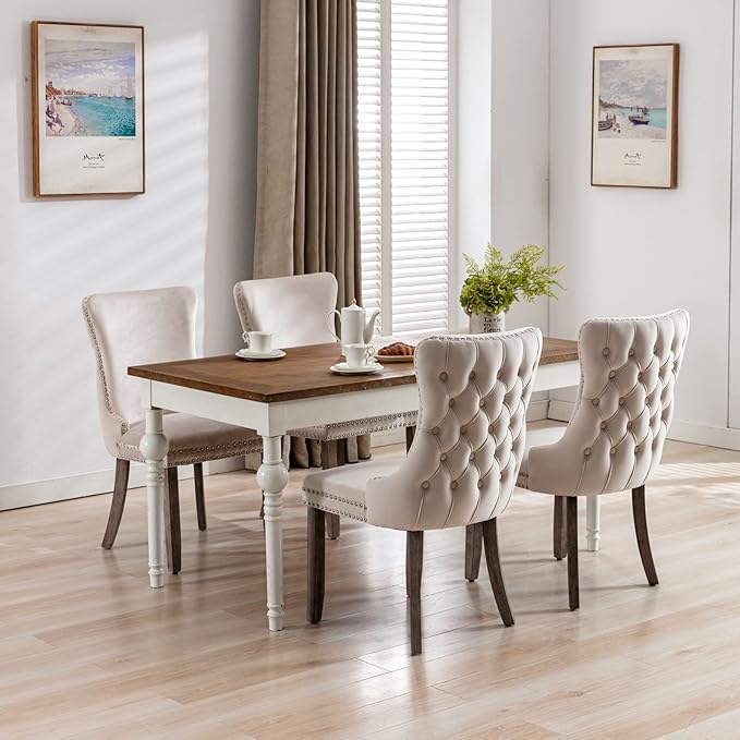 PacknWood Acosure Set of 2 Velvet Upholstered Wing-Back Dining Chair with Backstitching Nailhead Trim,Exquisite Furniture Stool W/Wood Legs,for Kitchen,Sitting Room,Beige