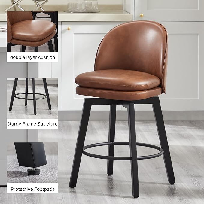 Counter Height Barstools 26 inch Upholstered Swivel Bar Stools with Back and Wood Legs for Kitchen Island,Set of 4,Brown PU Leather-Armless