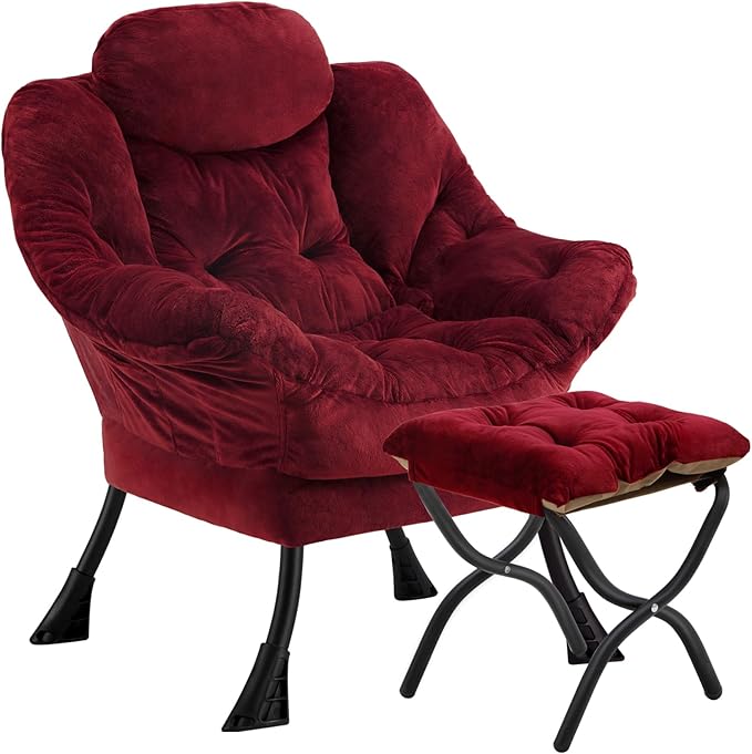 Lazy Chair with Folding Ottoman,Leisure Sofa Chair,Soft Fabric Armchair with Armrests and Side Pockets, Reading Chair with Footrest for Living Room, Bedroom, Office (Plush Red)
