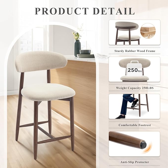 COLAMY Counter Height Bar Stools Set of 4, Kitchen Bar Stools with Back, Mid Century Modern Upholstered Bar Stools with Wood Legs for Kitchen Island Dining Room Bar, Beige