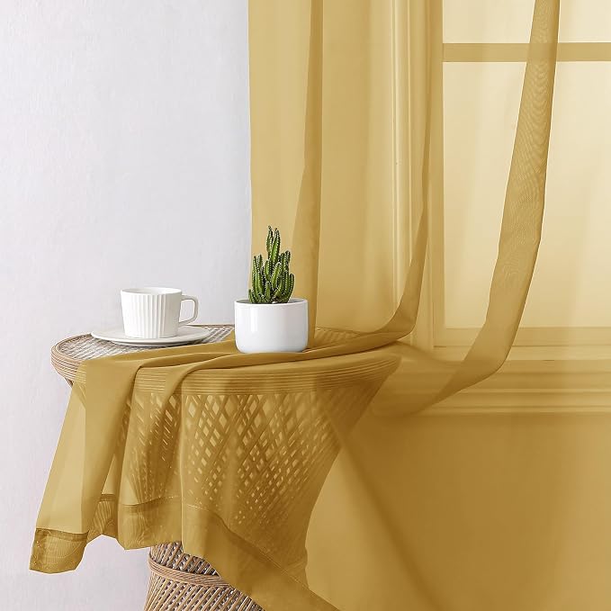 Lecloud Gold Sheer Curtains 84 Inches Long 2 Panels, Light Filtering Airy Voile - Image 3