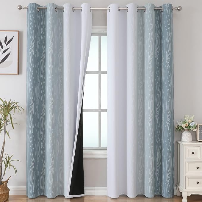 Estelar Textiler Stone Blue and Greyish White Blackout Curtains 84 Inches Long by ESTELARTEXTILER