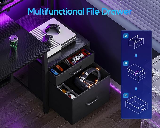 AODK Computer Desk with Drawers and Keyboard Tray, 63" Office Desk with Power Outlet and LED Lights, Reversible Study Work Desk with Printer Shelf and PC Stand for Home Office, Black
