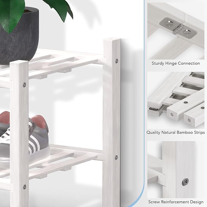 Haddockway 2 Tier Bamboo Shoe Rack Storage Organizer, Multifunctional Free Standing Stackable Shoe Shelf with Grid Panel for Closet,Hallway,Entryway,Small Space 27"x11"x13" (White, 2 Tier)