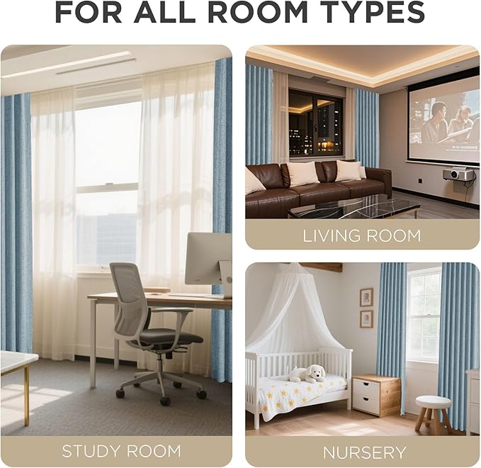 Joydeco 100% Blackout Curtains for Bedroom - Natural Linen Curtains 108" L Long, Thermal Insulated 2 Panels Sky Blue Light Blocking Drapes, Rod Pocket & Back Tabs, Darkening Privacy for Living Room