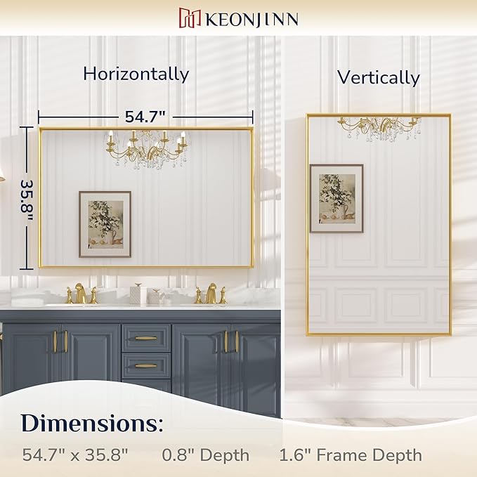 Keonjinn Brushed Gold Bathroom Mirror 55 x 36 Inch, Large Gold Vanity Mirror for Wall, Metal Frame,Rectangle Square Corner, Oversized, Modern Farmhouse(Horizontal/Vertical)
