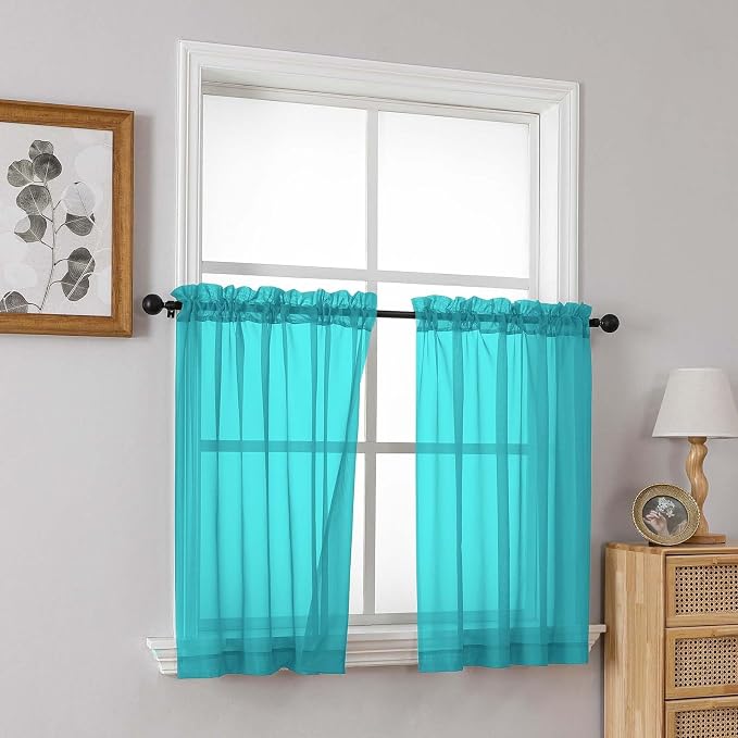 Turquoise Sheer Curtains Tier 30 Inches Length 2 Panels, Light Filtering - Image 8