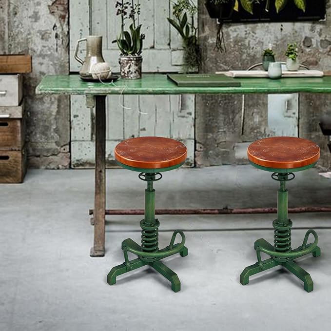LOKKHAN American Antique Steampunk Bar Stool 24.41"-28.35" Vintage Industrial Adjustable Swivel Backless Counter Stool for Dining, Breakfast, Pub, (Heavy Duty Metal & Wood, Aged Green, Brown Top)