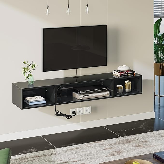 Rolanstar TV Stand with Power Outlet, Floating TV Stand with RGB Lights, 47.2" Wall Mounted TV Shelf, Glossy Black Media Console with Storage Shelf, Entertainment Under TV for Living Room, Bedroom