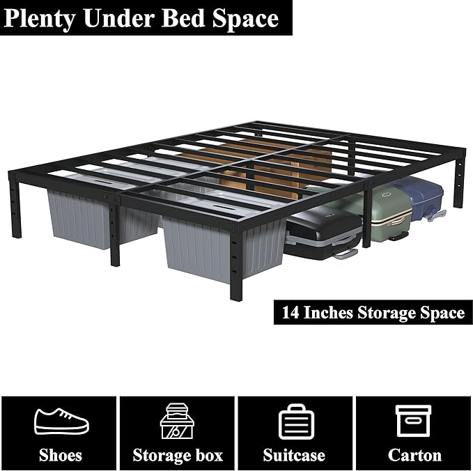 16 Inch Full Size Bed Frame No Box Spring Need, Metal Platform Full Bed Frames with 14 Inch Storage, 3,500 lbs Heavy Duty Steel Slats Support, Easy Assembly Mattress Foundation
