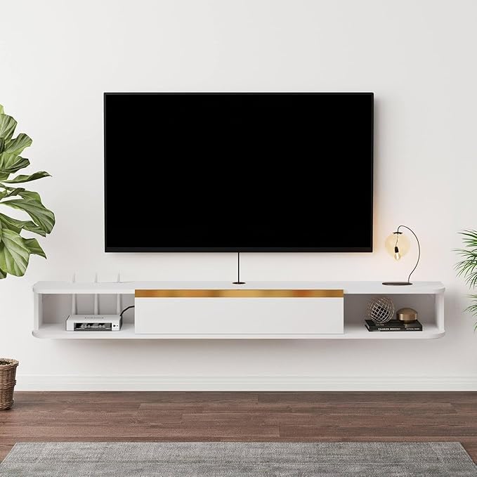 Floating TV Stand, 95'' Wall Mounted Entertainment Center TV Media Console, Floating Shelves with Door, Floating TV Cabinet Large Storage TV Bench for Living Room (White, 94.49IN)