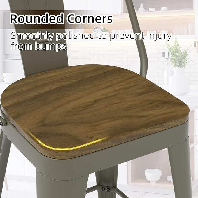 Metal Bar Stools Set of 4, High Back Bar Stools with Wooden Seat, 26 inch Rusty Barstools for Kitchen Island