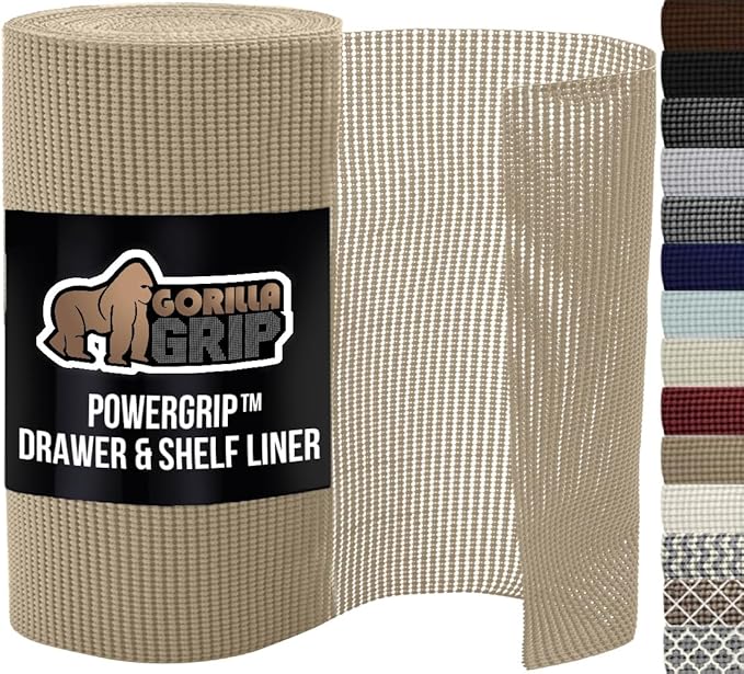 GORILLA GRIP powerGRIP Drawer Shelf and Cabinet Liner, Thick Strong Hold, Non-Adhesive Liners Protect Kitchen Cabinets and Cupboard, Bathroom Drawers, Easy Install, Breathable Mat, 17.5" x20', Beige