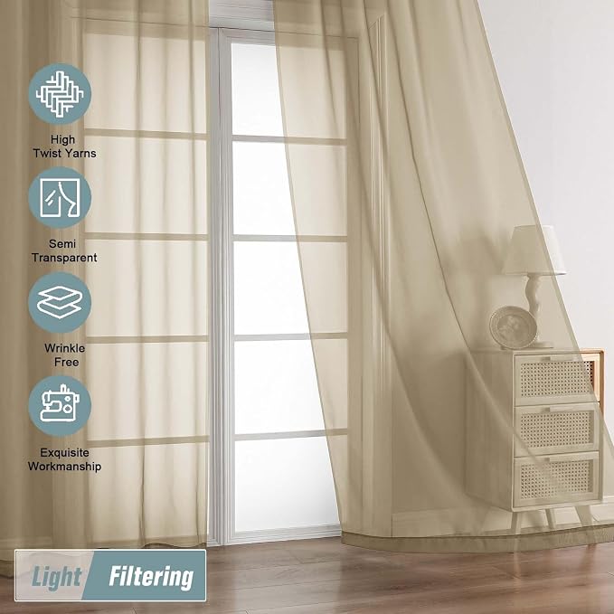 Taupe Sheer Curtains 90 Inches Long 2 Panels, Light Filtering Solid Sheer - Image 5